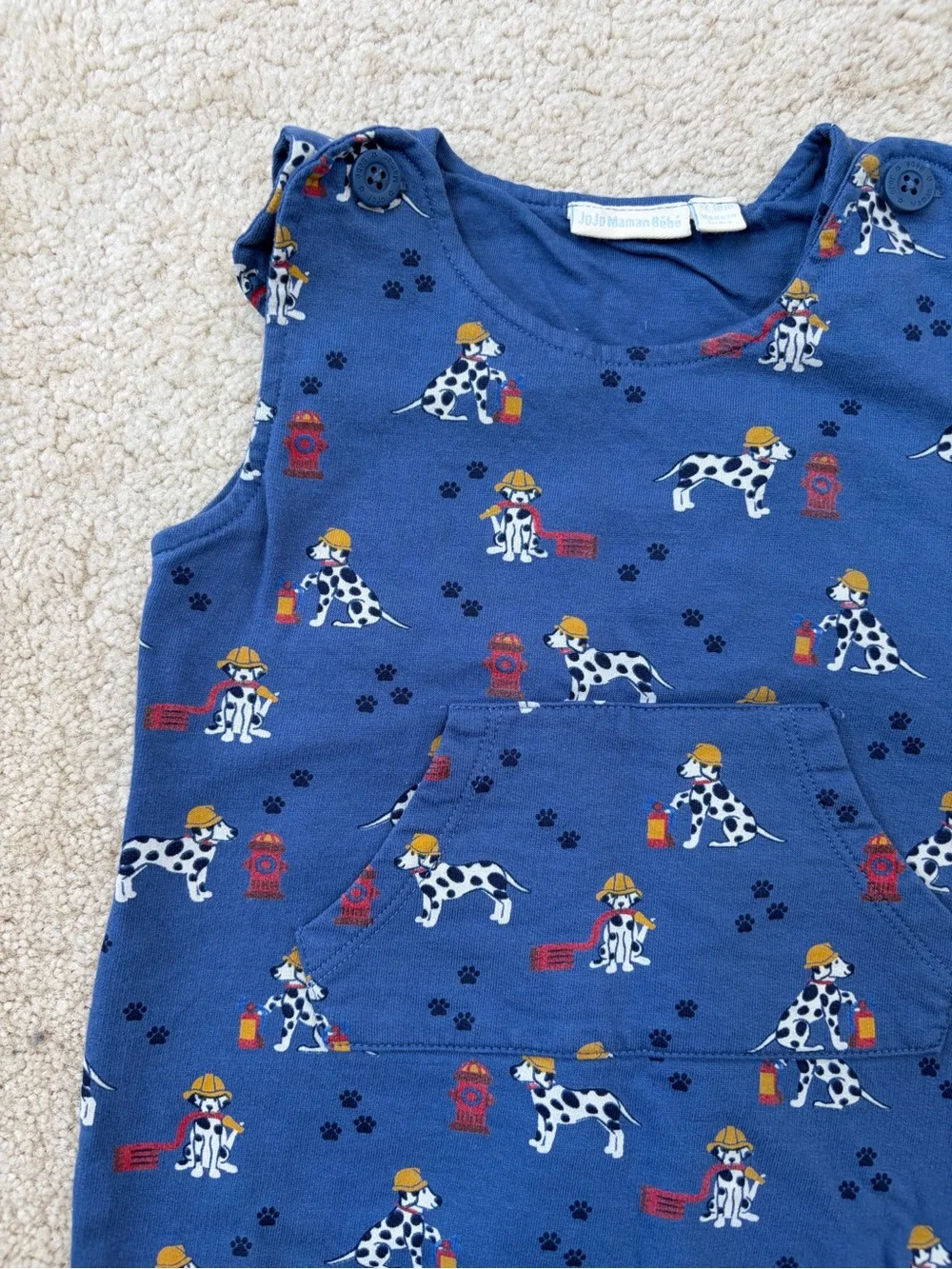 Jojo Maman Bebe Size 12-18 Months Dalmatian Dog Fire Hose Blue Overalls